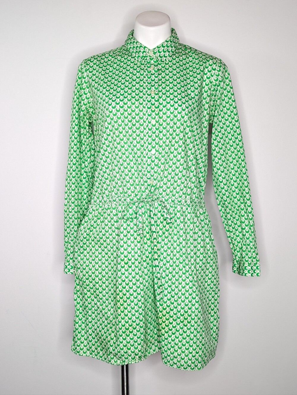 Gap Green White Long Sleeve Button Top Drawstring Waist Cotton Dress M